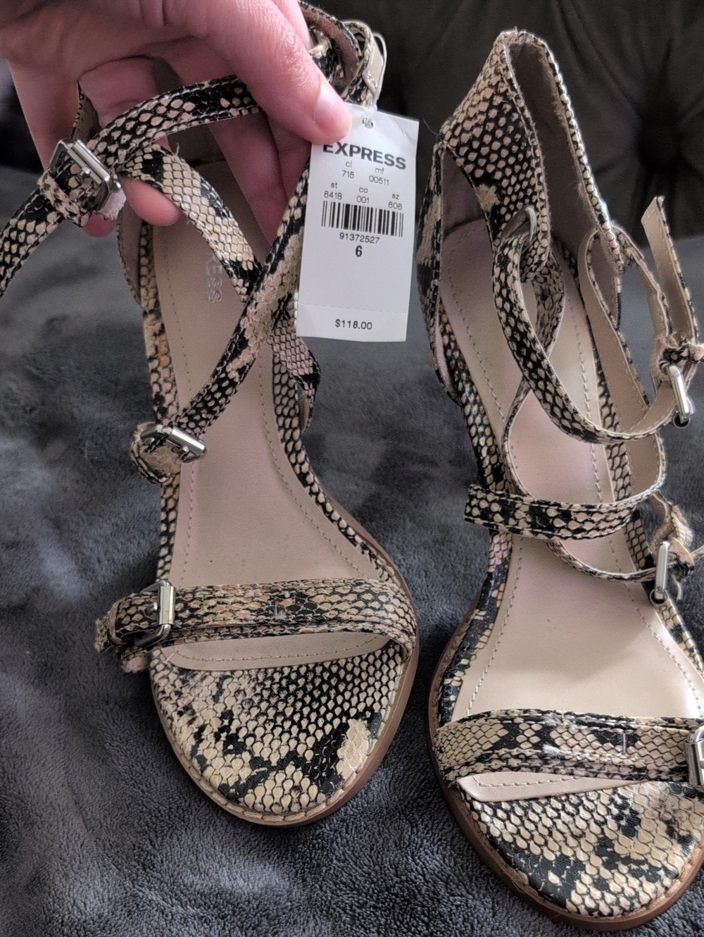 Express Snake-Print Strappy Heels in Beige and Black